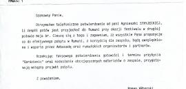 Faks potwierdzający zaproszenie Teatru "Gardzienice" do Rumunii