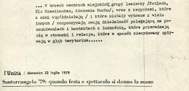 Maria Grazia Gregori, "Santarcangelo 79: kiedy święto i przedstawienie podją sobie rękę", L'Unita, 22 VII 1979